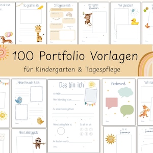 Pode incluir: Uma coleção de modelos de portfólio imprimíveis para jardim de infância e creche com ilustrações de animais como uma girafa, um macaco e uma raposa, incluindo o texto em alemão 100 Portfolio Vorlagen für Kindergarten & Tagespflege.