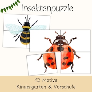 Könnte beinhalten: Ein Kinderpuzzle mit einer Aquarellillustration einer Hummel und eines Marienkäfers. Das Puzzle ist in vier Teile unterteilt, mit den Wörtern "Insektenpuzzle" und "12 Motive Kindergarten & Vorschule" aufgedruckt.