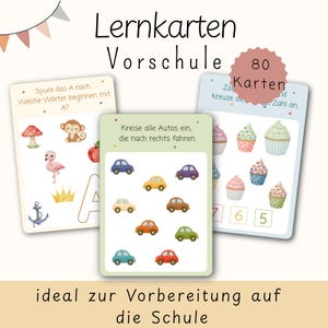 Könnte beinhalten: Lernkarten für Vorschulkinder mit bunten Illustrationen von Autos, Cupcakes und anderen Objekten. Der Satz enthält 80 Karten mit deutschem Text, die Kinder auf die Schule vorbereiten sollen.