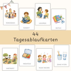 Puede incluir: Un conjunto de 44 tarjetas de rutina diaria con ilustraciones en acuarela de niños realizando actividades. Cada tarjeta incluye una etiqueta en alemán como Morgenkreis, Ruhezeit, Logopädie, Basteln, Frühstück, Musik Machen y Zähne Putzen.