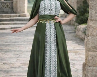 Vestido largo bordado, vestido bordado de inspiración palestina, vestido de noche, vestido tradicional estilo Tatreez, vestido formal hecho a mano