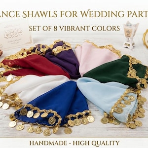 May include: A set of eight dance shawls in vibrant colors including red, purple, pink, dark green, light blue, royal blue, and white. Each shawl features a gold-toned metallic coin trim along the edge. Text reads DANCE SHAWLS FOR WEDDING PARTIES.