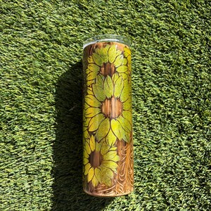 Sunflower tooled leather, 20oz straight tumbler, glitter, resin
