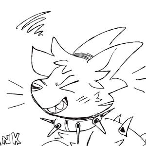 May include: Black and white cartoon illustration of a smiling wolf-like creature wearing a spiked collar. A small frog is next to the wolf, and the words "THANK YOU!" are written in a playful font.