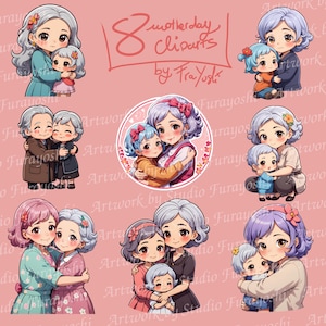 8 graziose clipart per la festa della mamma con figlia, figlio e nonni - canale alfa incluso per l'uso con trasparenza - super kawaii boundle 16MP