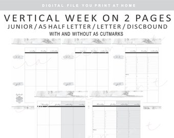 DIGITAL Vertical Week on 2 pages Planner Insert | 10 Pages | Marble, Black and White | Simply Aesthetic Minimalist Functional Planner AP03