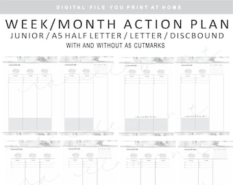 DIGITAL Vertical Week Month Action Plan | 16 Pages | Marble, Black and White | Simply Aesthetic Minimalist Functional Planner AP11