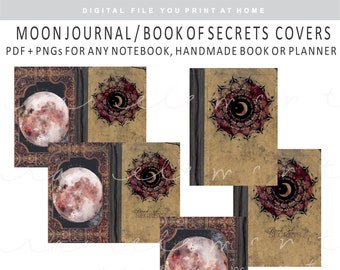 DIGITAL AP23 Moon Journal Book of Secrets Printable Covers, Planner Divider or Folder PDF and PNG Celestial Clip Art