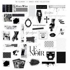 May include: Black and white collage of images with text that says "Grace Wins", "Do it with Style", "Aesthetic Fashion Trends", "A Garden of Inspiration", "Style and Grace", "Strong, Confident Woman", "Le Noir Luxe", and "Black & White".