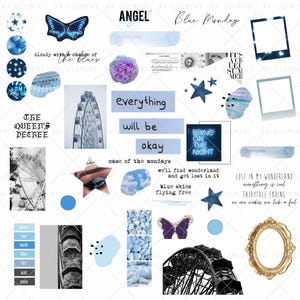 May include: A digital sticker sheet featuring blue-themed elements including a ferris wheel, butterflies, stars, a gold ornate frame, polaroid frames, and text phrases like everything will be okay, angel, and blue skies flying free.