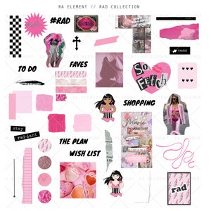 Puede incluir: Una página de planificador digital con elementos rosas y negros. La página incluye una lista de tareas, una lista de deseos, una lista de compras y una sección para favoritos. La página también incluye una variedad de pegatinas y gráficos, incluidos corazones, estrellas y un patrón de cuadros.