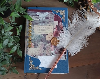 Romantasy Diary, Feather Pen + Gold Tassel Bookmark Set | Blue Handstitched Book with Pockets, Tags, Stickers Inspired by Wuthering Heights