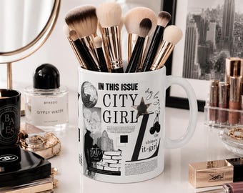 NYC City Girl Cup of Positivity Collage Photo Ceramic Mug | Makeup Brush Holder