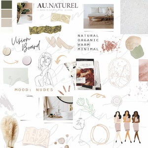 Puede incluir: Vision board con el texto "AU.NATUREL" y "Vision Board", junto con las palabras "Natural, Orgánico, Cálido, Minimal" y "Ambiente: Nudes". El tablero está decorado con varias imágenes e ilustraciones, incluyendo un dibujo lineal de una mujer, una planta en maceta, un libro, una revista, un lavabo de baño con artículos de tocador y un paisaje desértico.