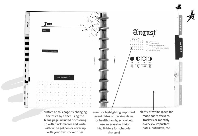 2024 Modern Moon Planner Personal Size 70 PAGE KIT 2024 Moon Phase Calendars, Dictionary, Stickers, 2024 Zodiac Calendar image 6