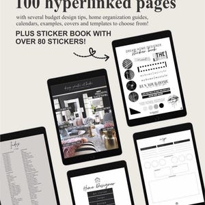Könnte beinhalten: Ein digitales Planer-Set mit 100 verlinkten Seiten und einem Stickerbuch mit über 80 Stickern. Die Bildschirme zeigen ein Inhaltsverzeichnis, Tipps zur Wohngestaltung, eine Stickerkollektion sowie Vorlagen für Vision Boards und Inspirationen.