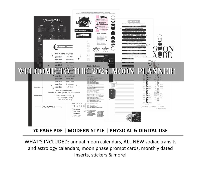 2024 Modern Moon Planner Personal Size 70 PAGE KIT 2024 Moon Phase Calendars, Dictionary, Stickers, 2024 Zodiac Calendar image 4