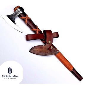 Handmade Forged Tomahawk Axe: Viking Bushcraft Camping Hatchet with Leather Sheath