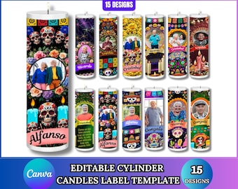 15x Día De Los Muertos Candle Labels | Tall Cylinder Candle Wraps | Editable Canva Memorial Stickers | Altar Decor Funeral Labels Digital