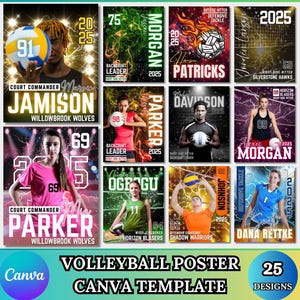 May include: A collection of volleyball poster templates with various designs. Each poster features a player's name, team, and position, along with a volleyball. The posters have a dynamic and energetic design, with bold fonts and vibrant colors.