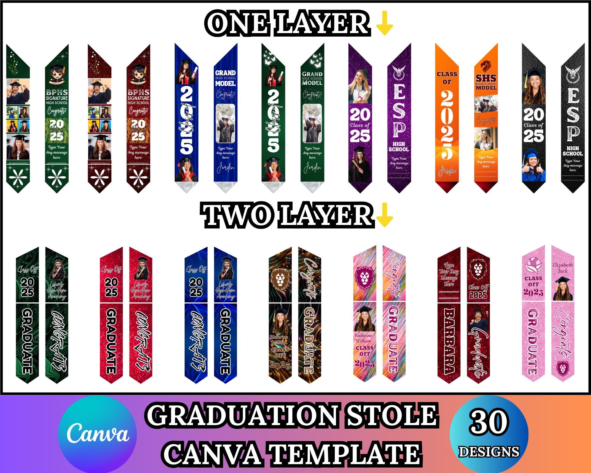 30 Graduation Stole Canva Editable Template Bundle, Graduation Sash ...