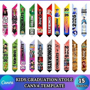 Könnte beinhalten: Eine Sammlung von fünfzehn vertikalen Abschlussstolen mit verschiedenen farbenfrohen Designs, darunter Texte wie CONGRATS, GRAD und 2026, sowie Illustrationen von Schülern in Abschlusskleidung, Schulmotiven und anpassbaren Fotoplatzhaltern.