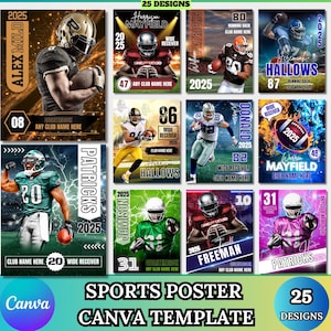 May include: A collection of 12 sports poster designs featuring American football players in action. Each poster has a unique design with player names, team names, and the year 2025. The posters are designed using Canva templates.