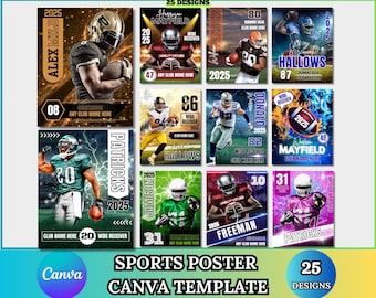 May include: A collection of 12 sports poster designs featuring American football players in action. Each poster has a unique design with player names, team names, and the year 2025. The posters are designed using Canva templates.