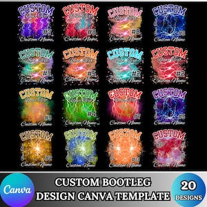 May include: A digital design template featuring 20 custom bootleg designs. Each design showcases the word "CUSTOM" in bold lettering above a space for a custom name, set against a colorful, electric background. The Canva template is ideal for creating personalized apparel.