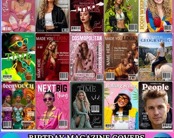 35 modelos de capa de revista de aniversário no Canva | Capas de revista de moda e estilo de vida editáveis | Designs personalizados para revistas de aniversário e notícias musicais