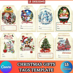 Könnte beinhalten: Eine Sammlung von Weihnachtskarten mit verschiedenen Designs. Jede Karte zeigt festliche Illustrationen wie den Weihnachtsmann, Schneemänner und Rentiere, zusammen mit dem Text "Merry Christmas" und Platz für "An" und "Von" Details. Die Karten sind mit "15 Designs" beschriftet.