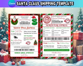 Modelo de etiqueta adesiva para envio de correspondência do Papai Noel no Canva, etiqueta de entrega do Papai Noel editável no Canva, modelo de etiqueta de entrega do Polo Norte no Canva, pacote de chegada do elfo