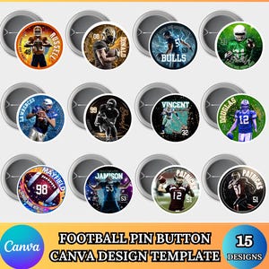 Puede incluir: Un conjunto de 12 botones de fútbol con diseños de jugadores. Cada botón muestra la imagen, el nombre y el número de un jugador. El texto "FOOTBALL PIN BUTTON CANVA DESIGN TEMPLATE" también está presente.