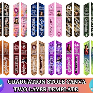 May include: A collection of graduation stoles in various colors, featuring photos, names, and the year 2025. The stoles have text that reads "Graduate" and "Congrats". The image also includes the text "Graduation Stole Canva Two Layer Template" and "15 Designs".