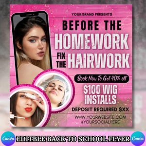 Flyer de réservation pour la rentrée scolaire, Flyer d'offres spéciales pour la rentrée, Flyer de promotions pour la rentrée scolaire, Cils, Ongles, Maquillage, Cheveux, Modèle Canva DIY