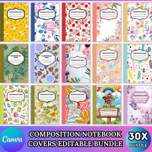Könnte beinhalten: Eine Sammlung von fünfzehn rechteckigen Notizbuch-Einbänden mit verschiedenen Mustern, darunter Blumenprints, Schmetterlinge, Schulsachen und eine Cartoon-Szene mit einem Regenbogen. Jeder Einband hat ein zentrales Etikett mit der Aufschrift Composition Book.