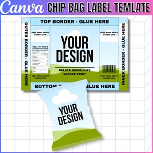 Könnte beinhalten: Eine digitale Chipstüten-Etikettenvorlage mit hellblauem Himmel, einer weißen Wolke und einer grünen Grasfläche. Das Layout enthält Textbereiche mit der Aufschrift 'YOUR DESIGN', 'TOP BORDER - GLUE HERE', 'BOTTOM BORDER - GLUE HERE' und Nährwertangaben.