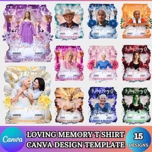 Könnte beinhalten: Eine Sammlung von 15 Gedenk-T-Shirt-Designs. Jedes Design zeigt ein Porträt, einen Namen und Daten, vor einem dekorativen Hintergrund mit floralen und Engelsflügel-Elementen. Der Text "Forever in Our Hearts" ist enthalten.