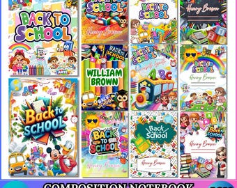 Pacote com 12 modelos de capa para caderno de composição no Canva | Capas de caderno editáveis e imprimíveis para a volta às aulas | Conjunto de design escolar digital