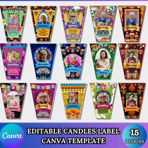 Puede incluir: Una colección de quince diseños de etiquetas de velas editables. Cada etiqueta presenta un retrato, un nombre y elementos decorativos como calaveras y flores. Las etiquetas son de varios colores, con el texto "EDITABLE CANDLES LABEL CANVA TEMPLATE" en la parte inferior.
