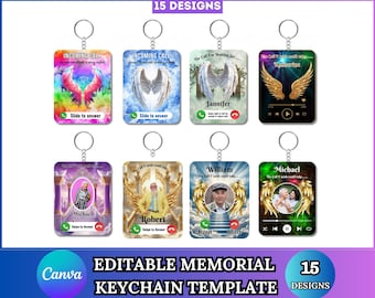 Plantilla editable de Canva para llavero conmemorativo: Llamada del cielo, En memoria de un ser querido, La llamada que desearía poder atender. Arrastrar y soltar imagen.