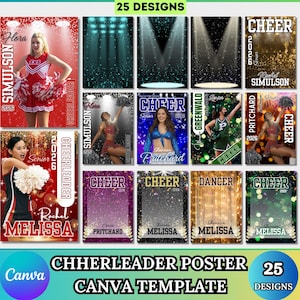 Könnte beinhalten: Eine Sammlung von 25 Cheerleader-Poster-Designs. Die Poster zeigen Bilder von Cheerleadern, das Wort "CHEER" und Namen. Die Poster sind in verschiedenen Farben, darunter Rot, Grün und Gold. Der Text "CHHERLEADER POSTER CANVA TEMPLATE" ist ebenfalls sichtbar.