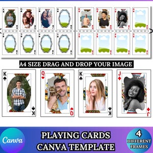 Könnte beinhalten: Eine Vorlage für Spielkarten mit weißem Hintergrund. Die Karten zeigen eine Vielzahl von Bildern und Rahmen, mit dem Text "A4 SIZE DRAG AND DROP YOUR IMAGE". Der untere Teil des Bildes enthält den Text "PLAYING CARDS CANVA TEMPLATE".