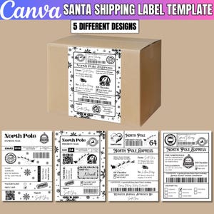 Puede incluir: Una caja de envío de cartón marrón con una etiqueta de envío blanca de Santa Claus con texto negro y gráficos de copos de nieve. Debajo de la caja hay cuatro plantillas de etiquetas de envío rectangulares blancas con diseños del Polo Norte.