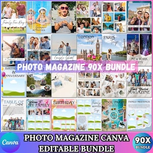 May include: A digital collection of 90 editable photo magazine templates for Canva, featuring various layouts for family, travel, birthday, and seasonal themes. The designs include placeholders for photos, text, and graphic elements for custom photo albums.