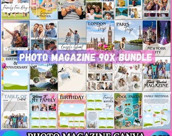 90 modelos de revista fotográfica no Canva | Álbum de fotos familiar editável | Layouts modernos de colagem de fotos | Pacote de designs de revista familiar para imprimir