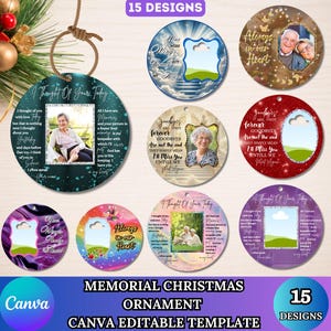 Könnte beinhalten: Eine Sammlung von 15 Gedenk-Weihnachtsschmuck-Designs. Jeder runde Schmuckanhänger bietet Platz für ein Foto, mit verschiedenen Hintergründen und Texten. Die Ornamente sind mit Canva anpassbar.