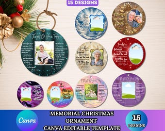 Memorial Christmas Ornament Bundle CANVA TEMPLATE, 15 Designs, Round Christmas in Heaven, In Loving Memory, Digital Design, Instant Download