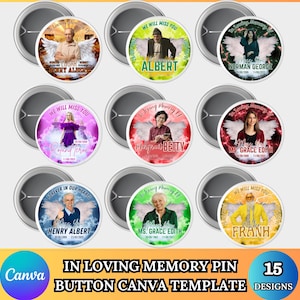 May include: A collection of 15 memorial button designs. Each button features a photo of a person, angel wings, and the text "We will miss you" or "Forever in our hearts", along with a name and dates.