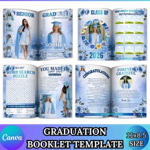 Könnte beinhalten: Eine Abschlussbroschürenvorlage in Blau und Weiß mit Fotos, Text und floralen Akzenten. Das Heft enthält den Text "SENIOR", "GRADUATE", "CLASS OF 2026" und "CONGRATULATIONS". Die Größe beträgt 27,9 x 21,6 cm.